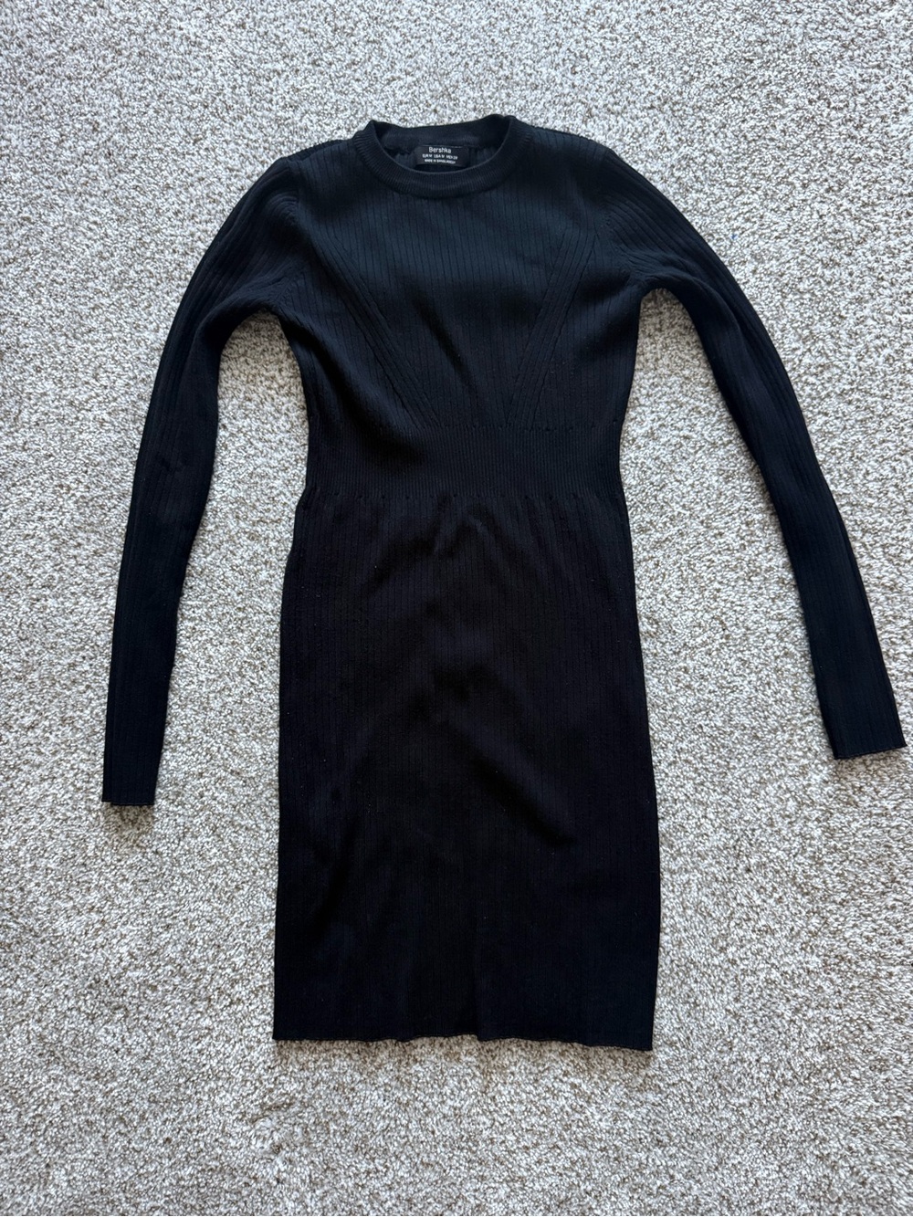 Bershka Black Ribbed Long-Sleeve Mini Dress